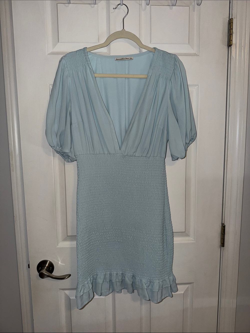 Abercrombie & Fitch Light Blue Smocked V-Neck Mini Dress with Ruffle Hem